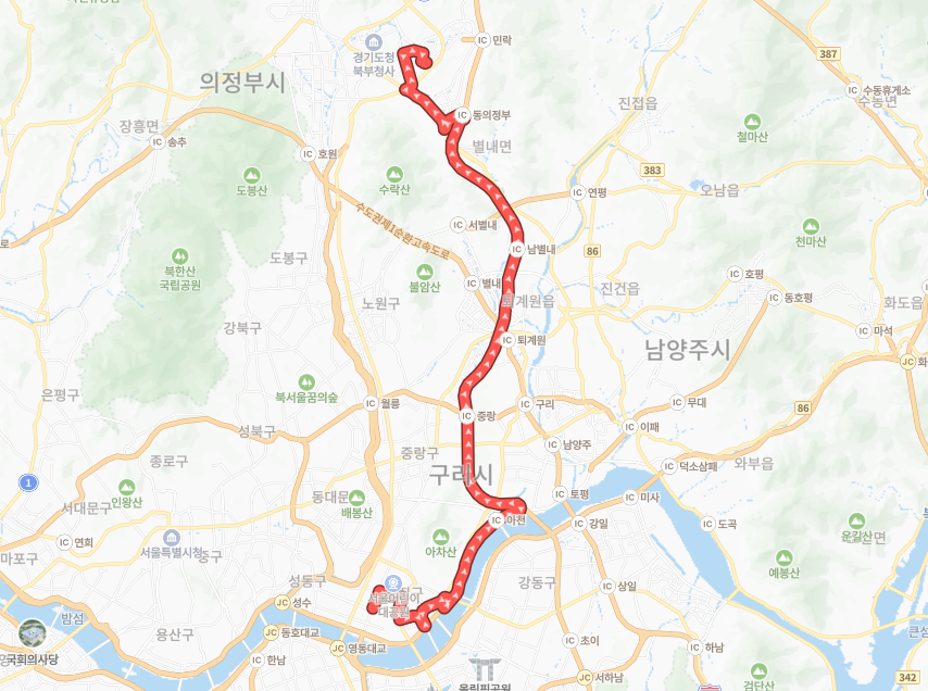 서울-의정부-P9401(퇴근)번-버스-노선-지도