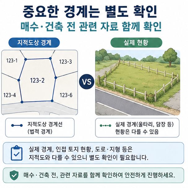 지도상의 필지 경계와 실제 담장&middot;도로 위치를 비교해 경계 확인 필요성을 보여주는 이미지