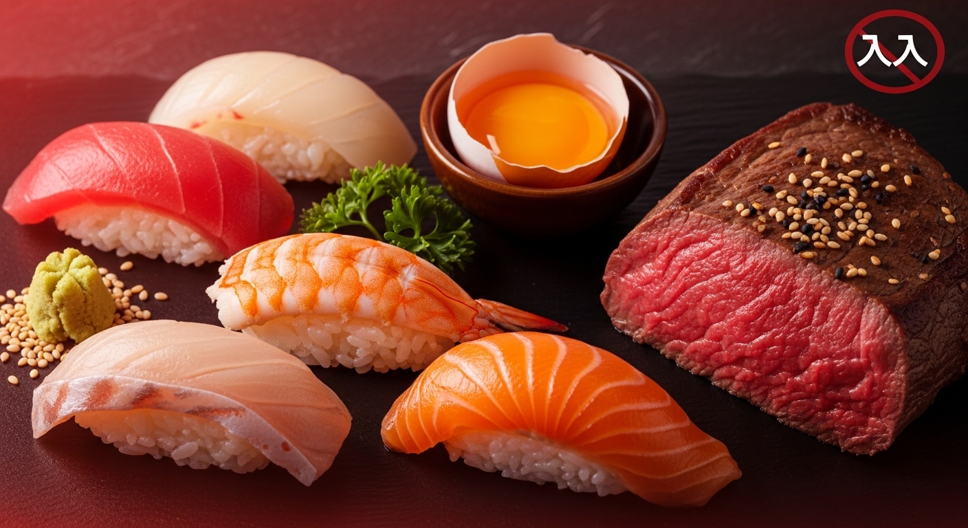 날생선, 날계란 등 임산부가 피해야 할 날것의 음식들.