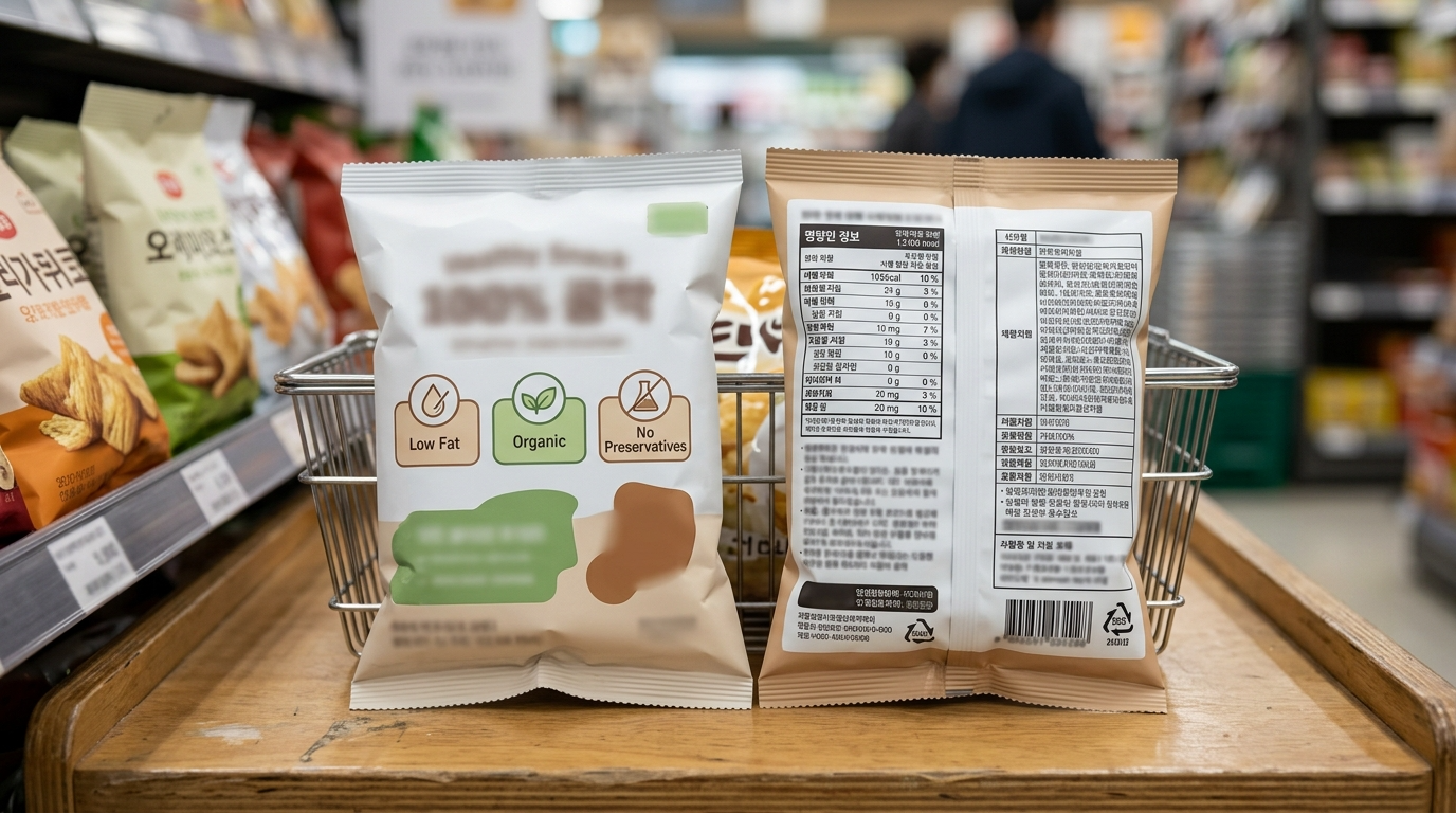 마트 진열 환경에서 두 개의 포장식품이 선반이나 바구니 위에 자연스럽게 놓여 있고, 하나는 제품 앞면이 보이며 다른 하나는 영양성분표와 원재료 표시가 보이도록 뒤집혀 있는 모습.
