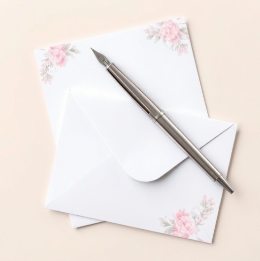 부모님께 드릴 편지를 작성할 편지지, 편지 봉투, 펜이 있습니다.