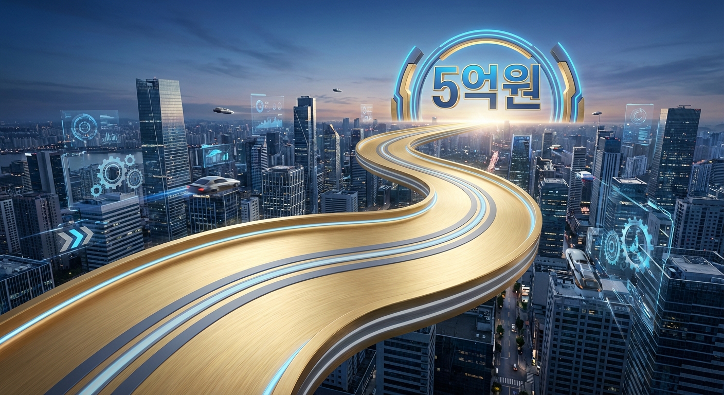 2026년 중소기업 정책자금 5억 원 승인을 향한 황금 로드맵이 펼쳐지는 역동적인 미래 도시 전경. 푸른빛과 회색빛이 어우러진 배경에 황금색 로드맵이 성공적인 사업 성장을 상징합니다.