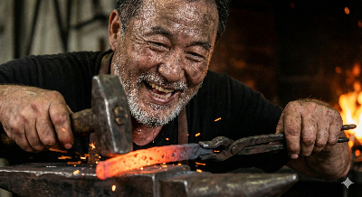 활짝 웃으며 땀 흘리고 있는 장인의 모습. 힘든 육체노동이나 고뇌의 순간일지라도 표정에서는 희열과 만족감이 느껴지는 역동적인 클로즈업 사진