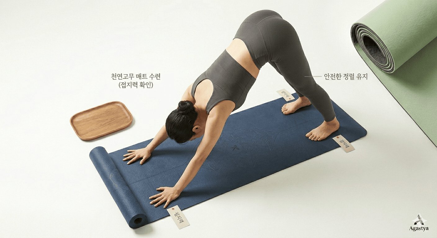 천연고무 소재의 요가 매트와 그 질감 상세샷