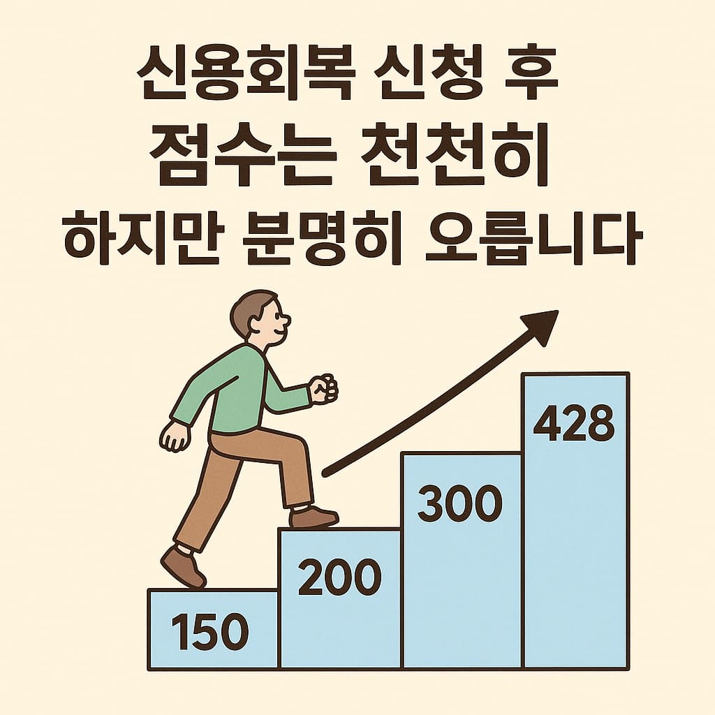 신용점수가 천천히 오르는 흐름을 보여주는 계단 그래프 일러스트