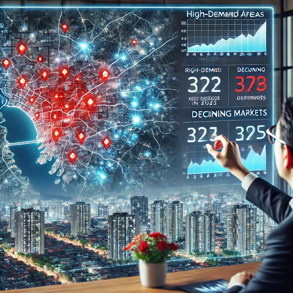 2025년 수도권 아파트 시장 분석, 지역별 가격 상승&middot;하락을 보여주는 디지털 열지도와 전문가 토론 장면.