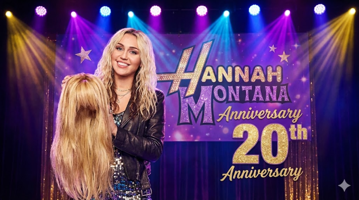 화려한 무대 조명 아래, 성인이 된 마일리 사이러스가 한나 몬타나의 상징적인 금발 가발을 들고 미소 짓는 20주년 기념 공식 포스터