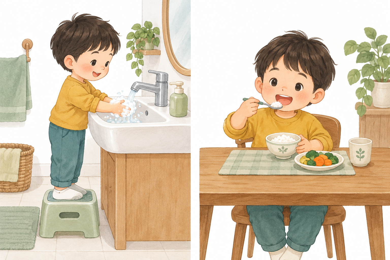 손을 씻는 아이와 밥을 먹는 아이