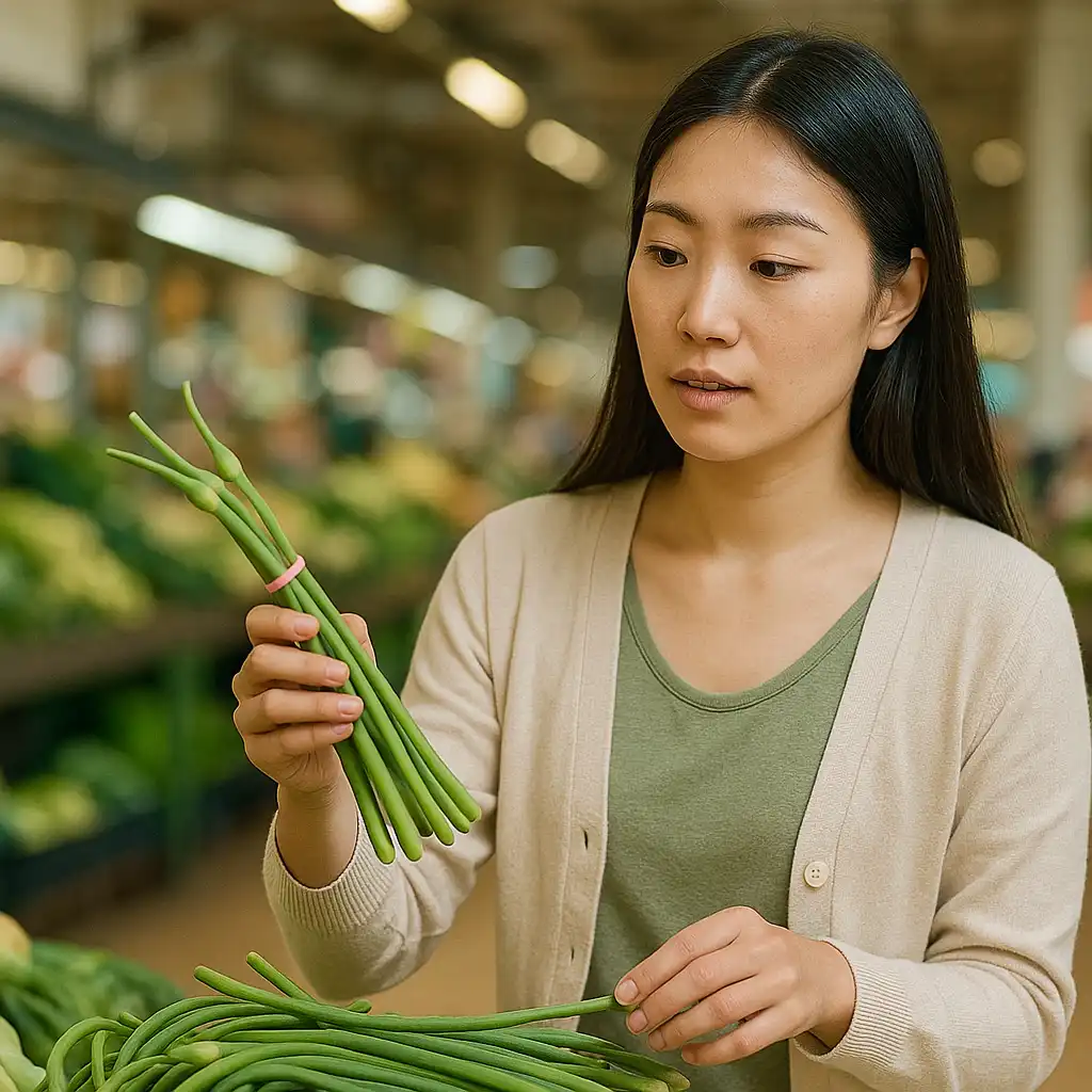 마늘쫑 고르는 주부, 중국산 마늘쫑 농약 이슈 관련