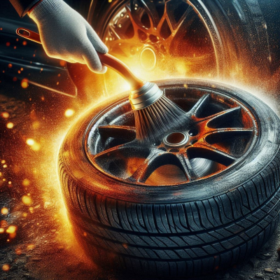 불꽃이 튀는 가운데 타이어 휠을 정비하는 장면