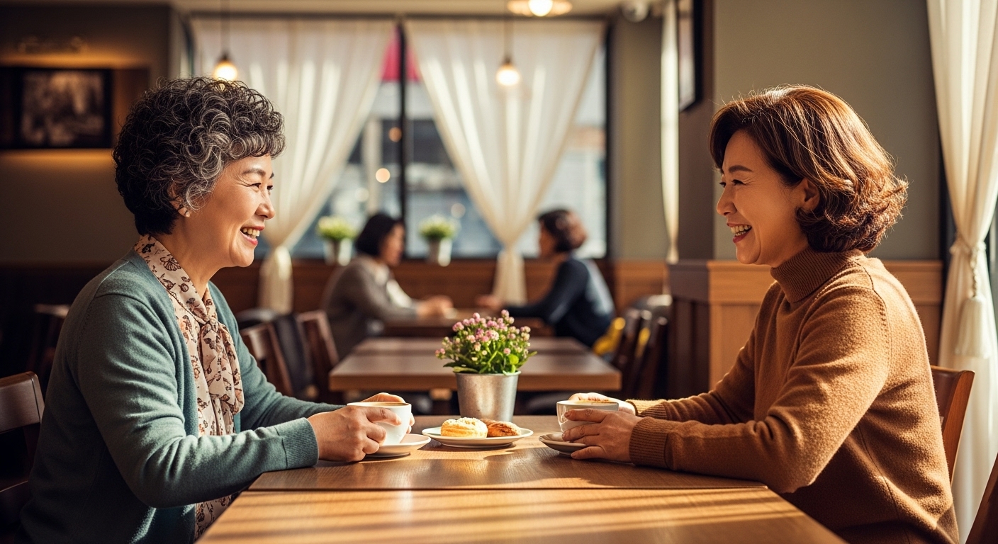 봉사활동으로 만난 친구와 카페에서 대화하는 70대 여성들