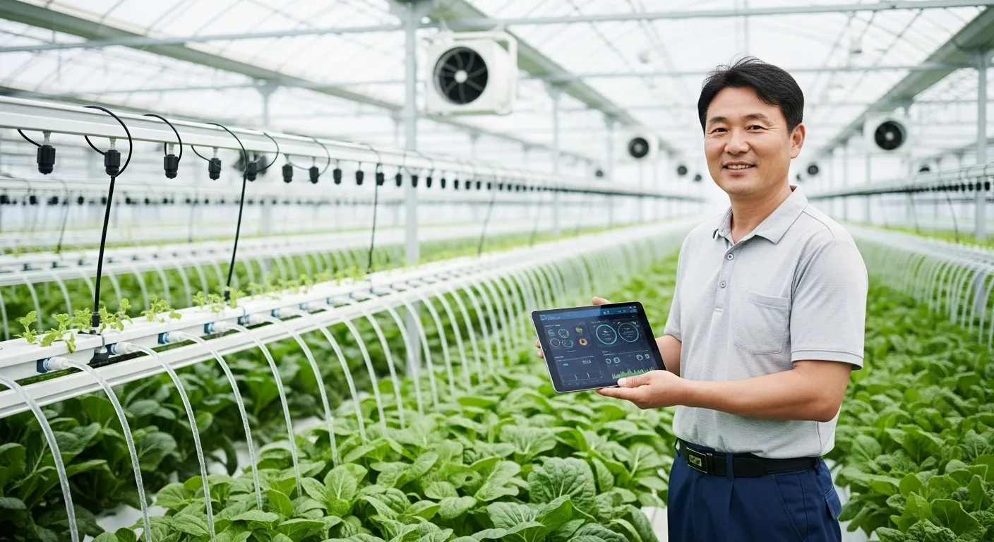 스마트팜 비닐하우스 안에서 태블릿을 들고 서 있는 활기찬 중년 농부, 풍요로운 농업의 미래를 상징합니다.