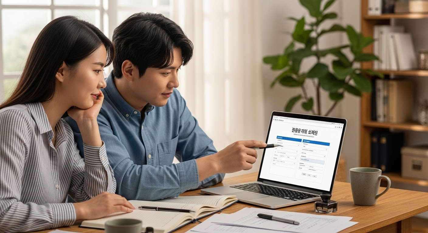 성인 남녀 두 명이 실내 테이블에 앉아 노트북 화면을 함께 응시하고 있는 모습. 남성이 펜으로 노트북 화면에 표시된 문서 또는 신청서 양식(한국어 텍스트 포함)을 가리키고 있습니다. 앞에는 노트와 펜, 커피 잔 등이 놓여 있습니다.