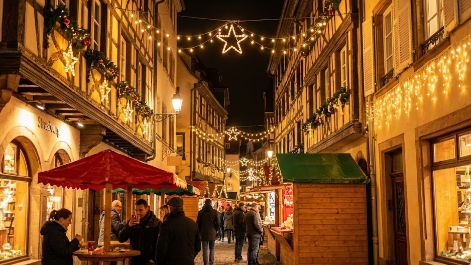 스트라스부르 구시가지의 크리스마스 조명과 마켓 거리 풍경
