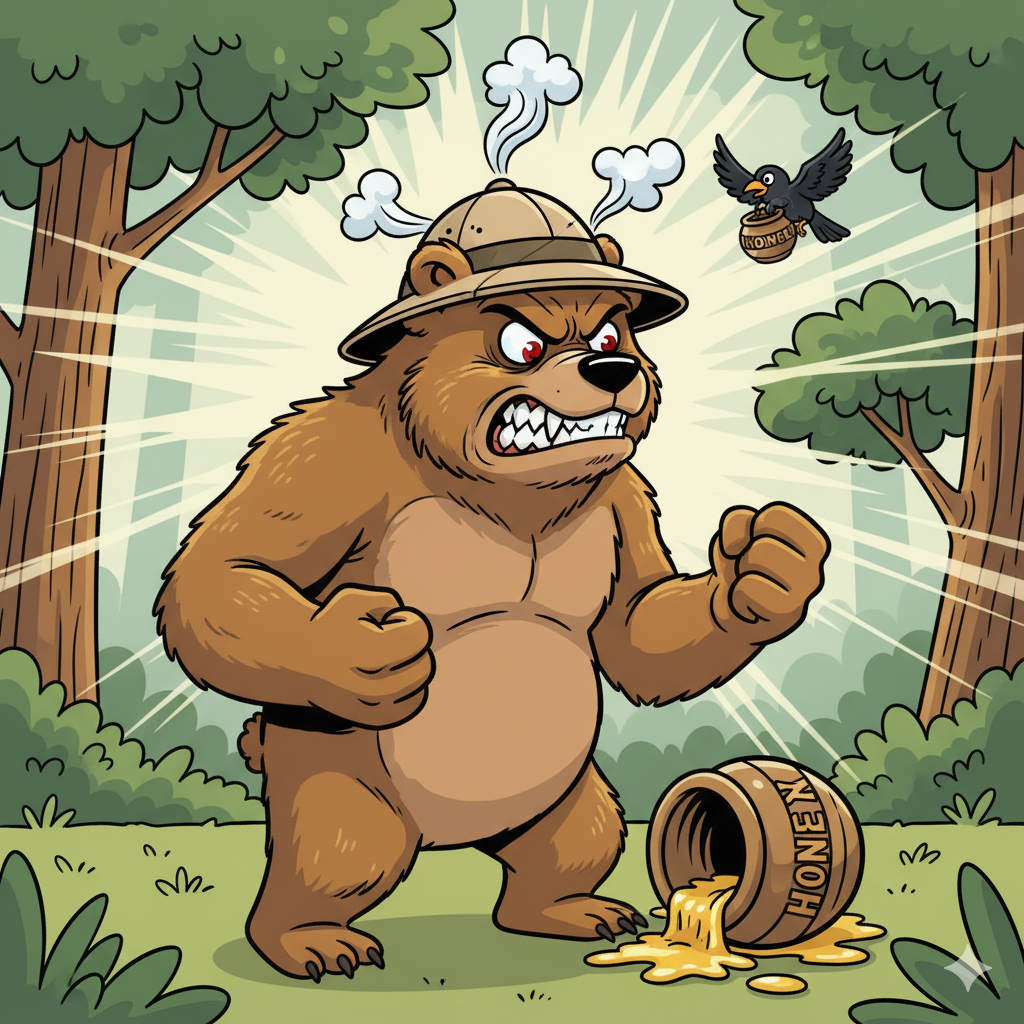 노란색 꿀이 흘러나온 쓰러진 꿀단지 옆에 모자를 쓴 갈색 곰이 두 주먹을 쥐고 화가 나서 이를 바득바득 갈고 있다. 곰의 머리 위에서는 분노를 나타내는 연기가 피어오르고 있고, 배경의 하늘에는 분노를 강조하는 듯한 방사형 줄무늬가 그려져 있다. 오른쪽 상단에는 꿀단지를 들고 날아가는 검은색 새가 작게 보인다. 숲을 배경으로 한 만화풍 그림이다.