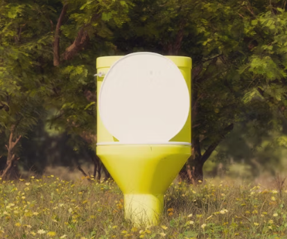 숲에 놓인 노란색 변기 그림