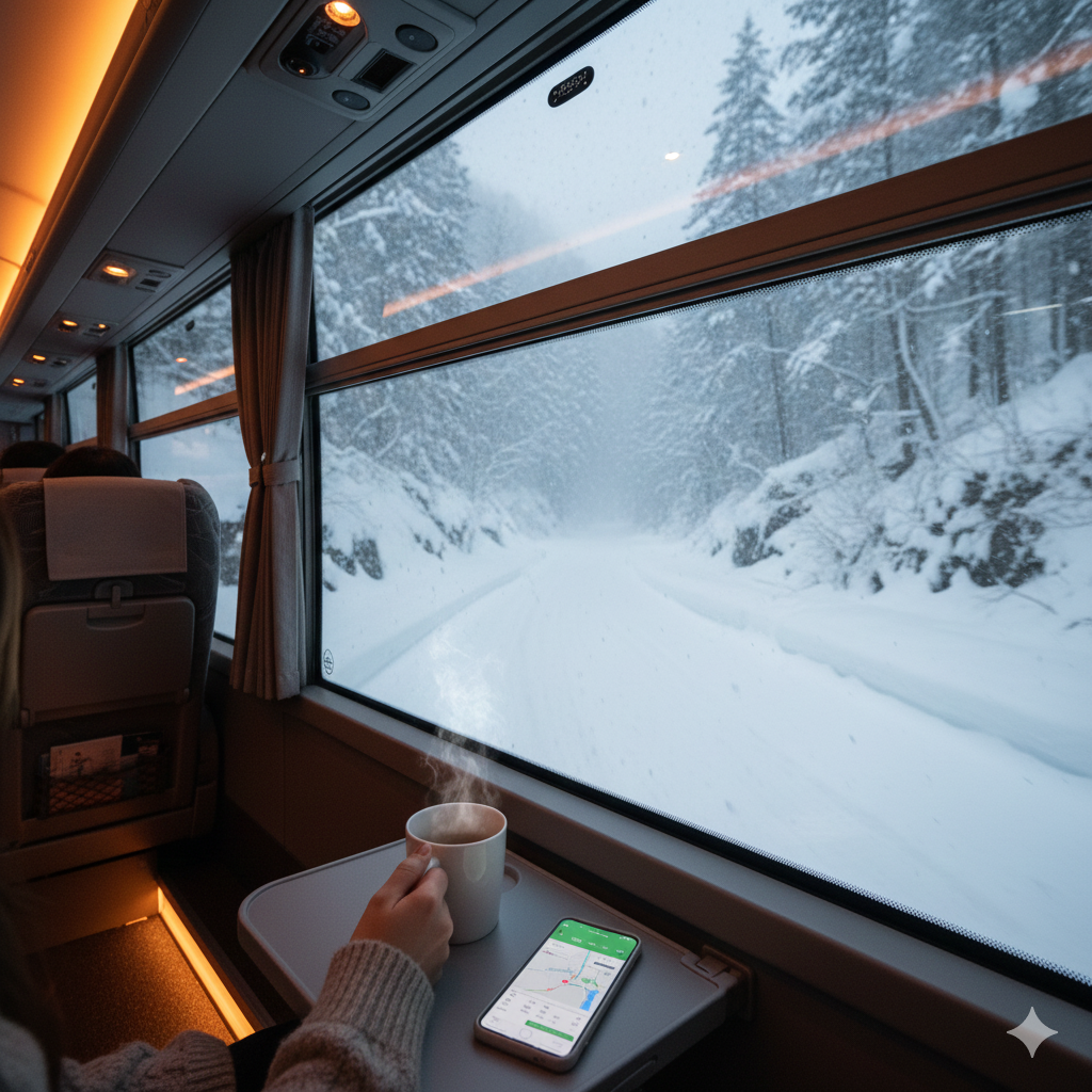 흰 눈 덮인 겨울 산과 마을을 배경으로, 유선형의 흰색 신칸센 고속열차가 푸른 하늘 아래 눈밭을 가로지르며 힘차게 달리고 있는 모습. 열차가 지나간 자리에는 눈보라가 일고 있으며, 햇빛이 밝게 비추는 사실적인 겨울 풍경이에요.