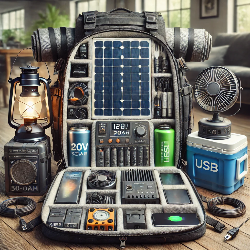 30L 방수 배낭 안에 생존 전력 장비가 정리된 모습 – 배터리, 태양광 패널, 미니 냉장박스, LED 랜턴, USB 선풍기, 스마트폰, USB 허브 등이 포함된 올인원 생존 전력팩
