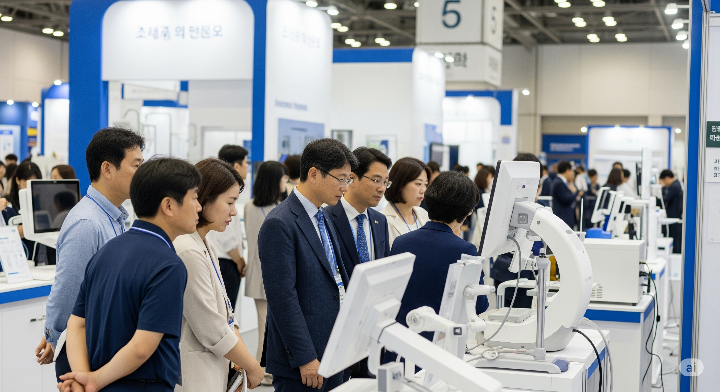 헬스케어 박람회에서 최첨단 의료 기기를 관람하는 방문객들