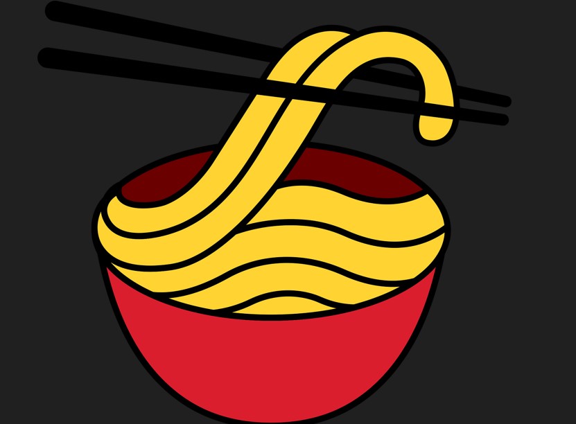 빨간 국수 그릇에 맛있어 보이는 라면이 담겨 있고, 그 면을 젓가락으로 집어 올리는 그림