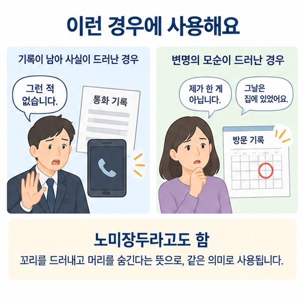 잘못을 부인하지만 기록과 말의 모순으로 사실이 드러나는 장두노미 사용 예시를 보여주는 이미지
