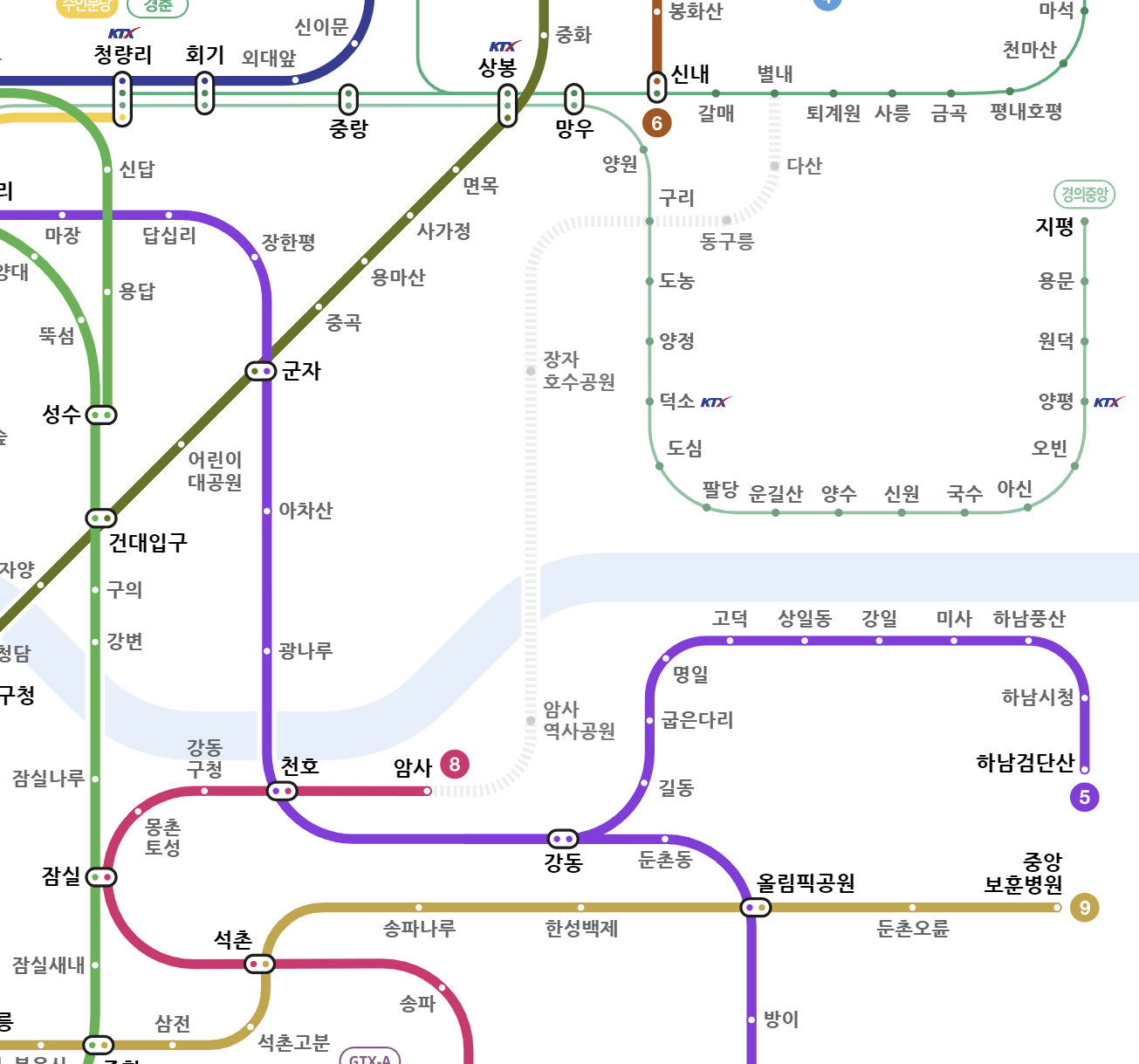 별내선, 8호선연장선, 별내역, 동구릉역, 구리역, 장자호수공원역, 암사역사공원역