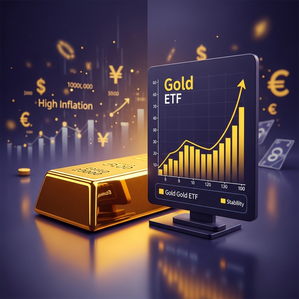 2025년 고물가 시대, 안정적인 자산으로 주목받는 골드바와 금 ETF 투자를 시각적으로 비교하는 이미지