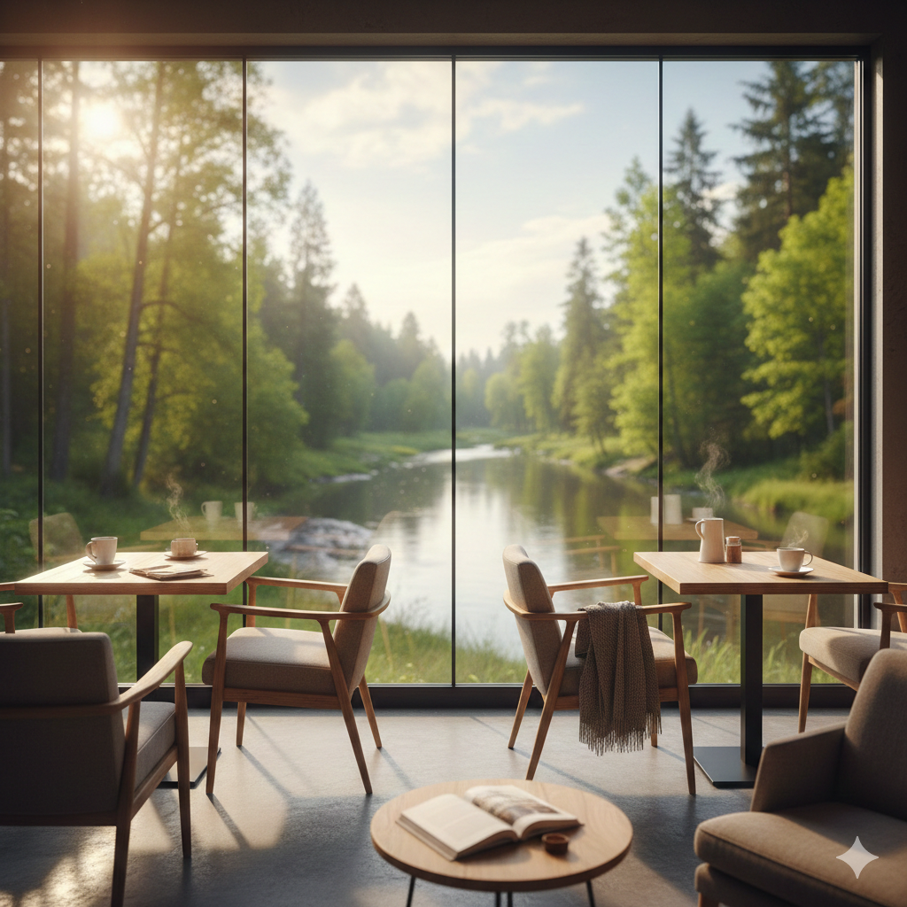 모던한 카페에서 보이는 탁 트인 강변 뷰