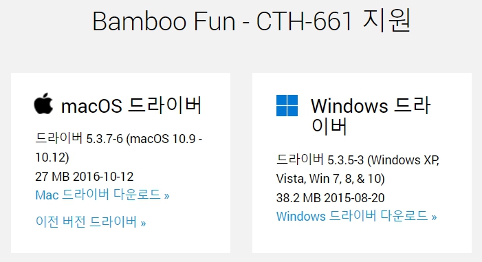 와콤 펜 태블릿 Bamboo Fun CTH-661드라이버 설치 다운로드
