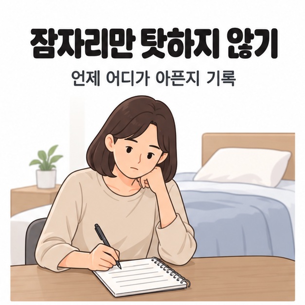 잠자리만 탓하지 않기 문구 아래 여성이 침대 옆 탁자에서 수첩에 통증 양상을 기록하는 모습