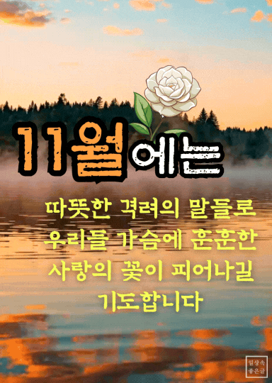 호수 위 노을과 하얀 꽃 배경에 사랑과 따뜻한 마음을 전하는 11월 인사 문구 이미지