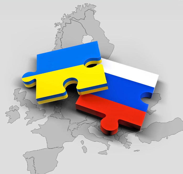 우크라이나 러시아 국기가 그려진 퍼즐 조각