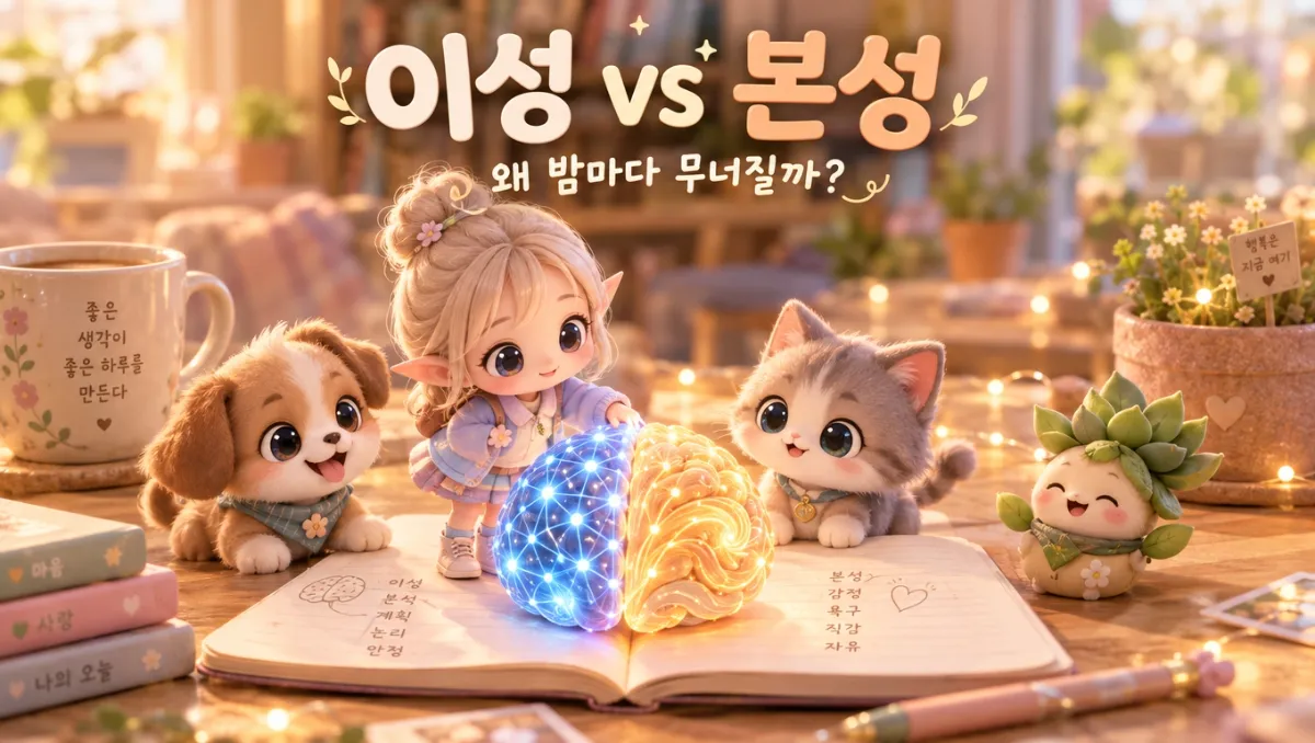 이성과 본성의 충돌을 미니미 캐릭터로 표현한 대표 이미지 &mdash; 빛나는 반쪽 뇌 모델을 사이에 두고 엘프&middot;강아지&middot;고양이&middot;식물 미니미가 모여 있는 따뜻한 책상 위 풍경