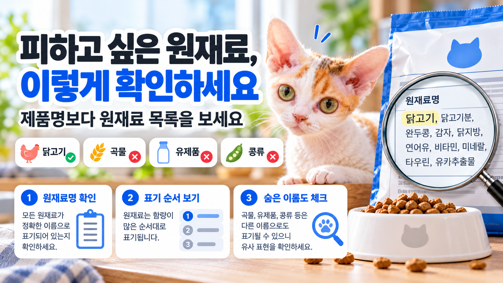 고양이 사료 원재료 목록에서 닭고기, 곡물, 유제품, 콩류를 확인하는 방법