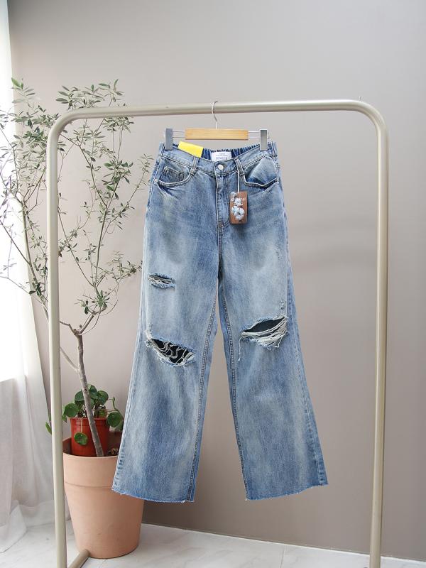 모조로브 뒷밴딩 구제 찢청 와이드 통청바지 데님팬츠