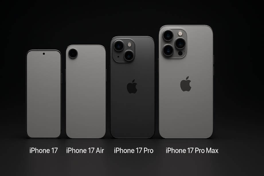 아이폰 17, 에어, 프로, 프로 맥스 4개 모델 크기 비교 이미지