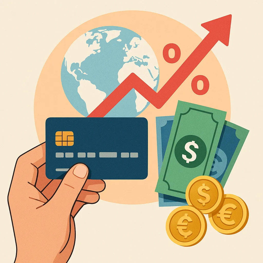 해외결제-시-환율-우대의-효과를-상징적으로-표현한-일러스트-신용카드를-든-손과-함께-달러-유로-동전이-보이고-지구본과-상승-화살표가-배경으로-배치되어-환율-우대가-경제적-이점으로-이어짐을-강조