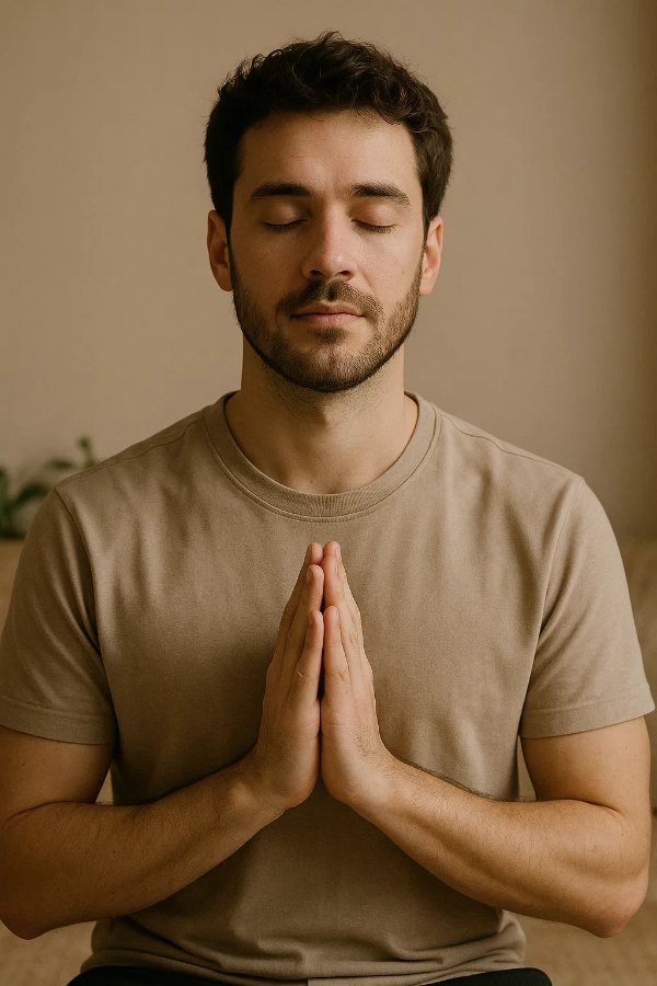 10분 명상(바디스캔 또는 호흡법)으로 뇌 피로를 회복하고 마음챙김을 실천하는 사람의 모습