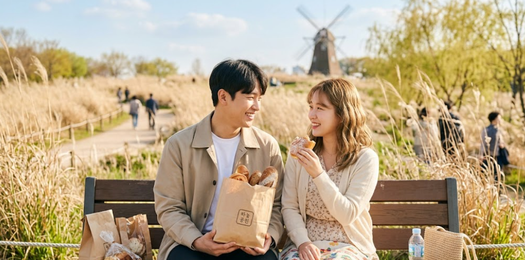햇살 좋은 하늘공원 벤치에 앉아 구매한 빵을 맛있게 먹고 있는 커플