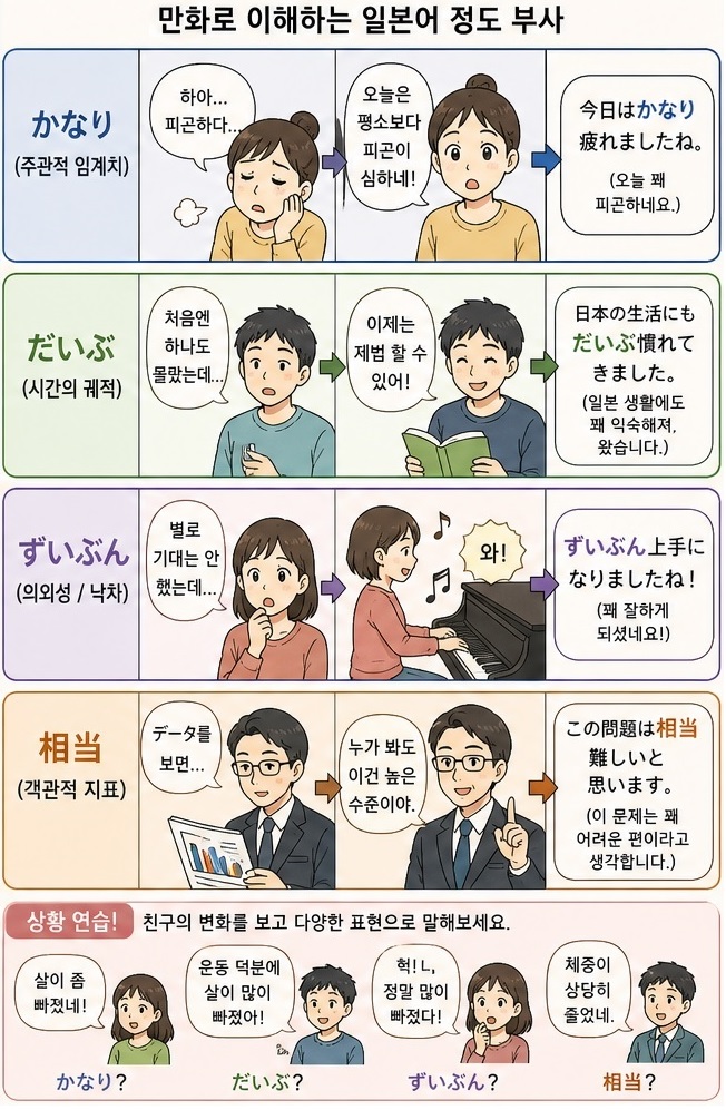 일본어 부사 かなり だいぶ ずいぶん 相当 차이를 만화로 설명한 비교 이미지