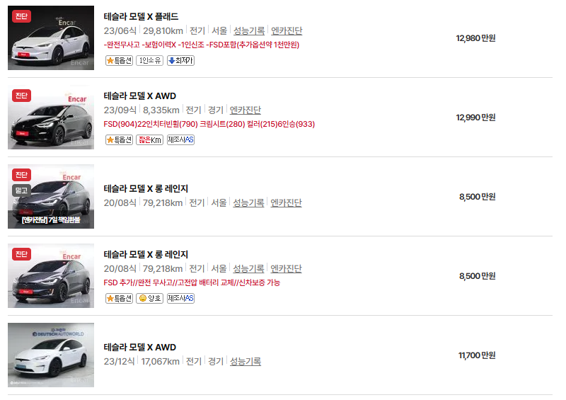 테슬라 모델X 중고차 가격 시세표 유지비