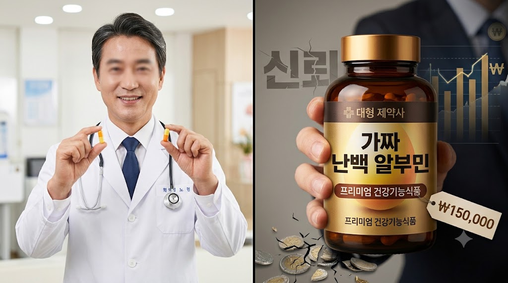 세로로 반이 나뉜 클로즈업 사진. 왼쪽은 밝고 신뢰감 있는 의학 클리닉 배경에서 흰 가운을 입은 의사(얼굴은 흐릿함)가 영양제 캡슐 두 개를 들고 미소 짓는 모습으로, 의료 권위의 매력을 상징한다. 오른쪽은 좀 더 어둡고 극적인 조명 아래, 대형 제약사의 고급스러운 병에 담긴 '가짜 알부민' 영양제를 손에 들고 있는 모습. 병 라벨에는 한글로 '가짜 알부민', '프리미엄 건강기능식품', '대형 제약사'가 선명하게 적혀 있다. 병 아래로는 부서진 동전들이 흩어져 있어, 의료진의 신뢰와 대기업 브랜드가 상업 마케팅 도구로 이용되어 소비자를 기만하고 이득을 취하는 실체를 비판적으로 보여준다.