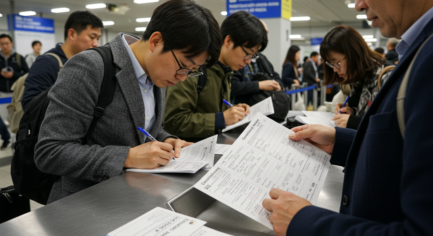 솅겐 협정국 입국 심사 시 보험 서류를 제출하는 한국인과 미국 입국 심사를 통과하는 한국인.