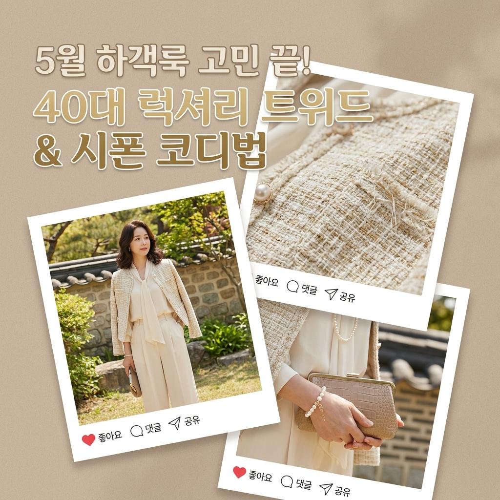 40대 봄 5월 결혼식 하객패션 통통 체형도 날씬하게 트위드 셋업 시폰 블라우스 백화점 명품 스타일링 완성
