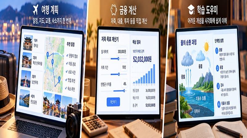 <img src=”intelligent-ui-daily-applications.jpg” alt=”여행 지도와 저축 계산기, 학습용 그래프를 활용하는 인공지능 서비스”>