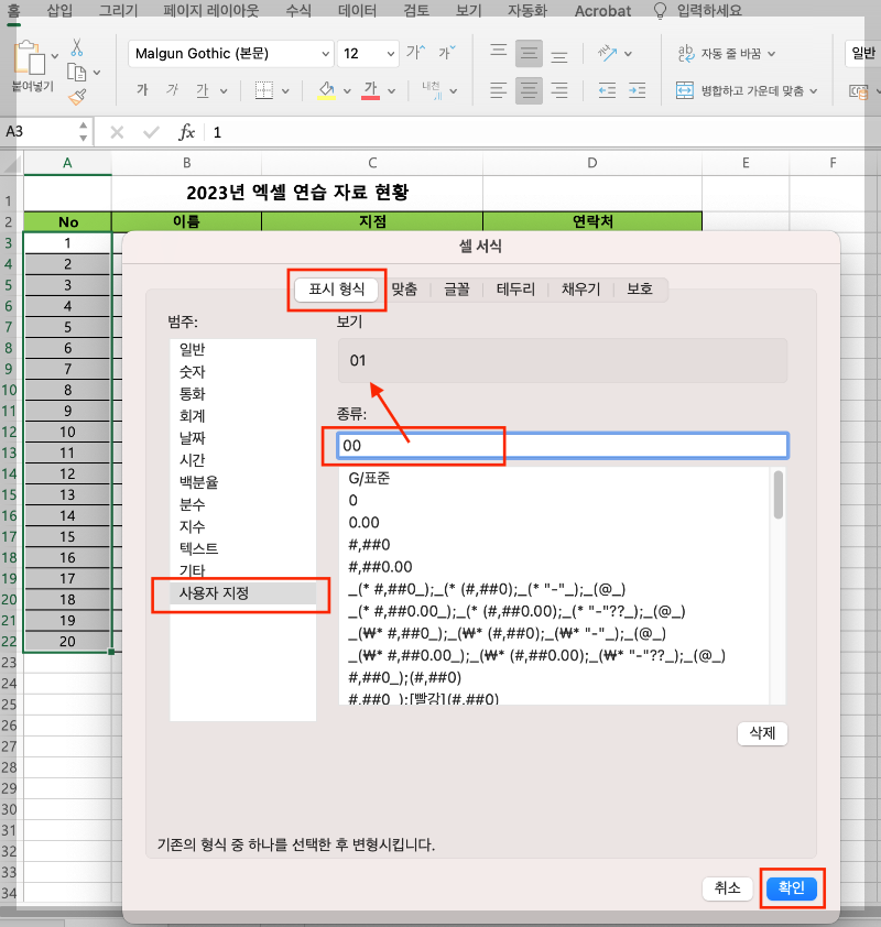 사용자 지정에서 두 자리 숫자 형식 입력하기