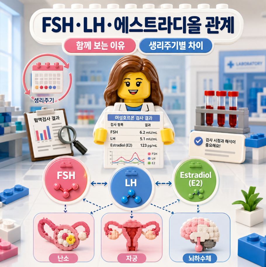 FSH&middot;LH&middot;에스트라디올의 관계와 함께 보는 이유를 설명하는 레고 스타일 여성호르몬 검사 의료 일러스트
