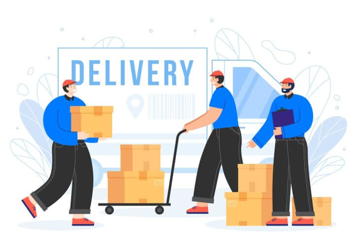 하역장에서 물건을 옮기고 있는 택배기사들