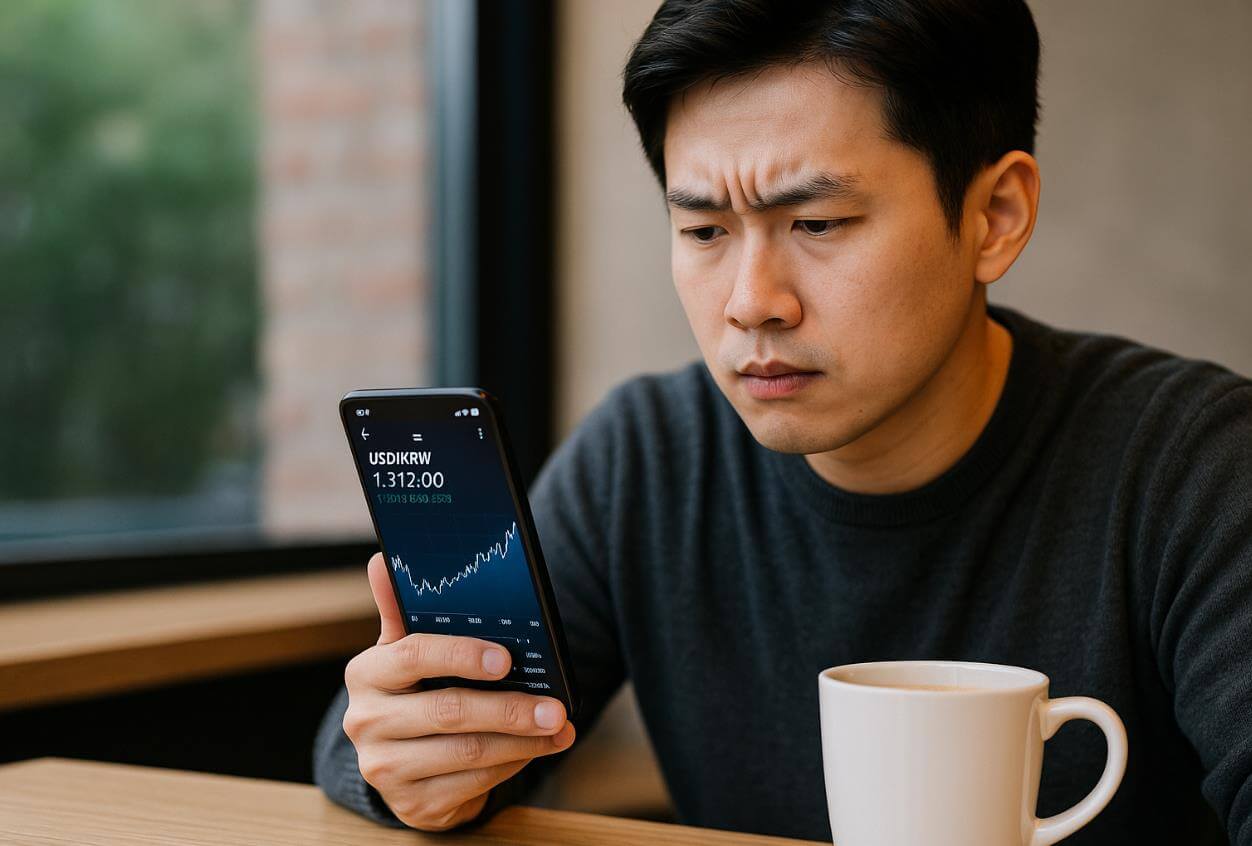 남성이 스마트폰으로 환율 그래프를 보며 심각한 표정을 짓는 모습.