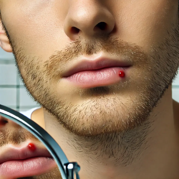 입술 끝에 물집이 생긴 남성의 얼굴 클로즈업 – 욕실 거울 앞에서 살펴보는 모습